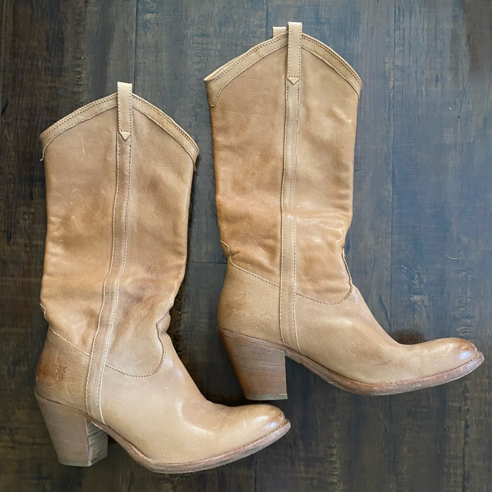 Frye 77485 Taylor Pull on Tall Cowboy Boot Brown Leather Size 7.5 3” heel